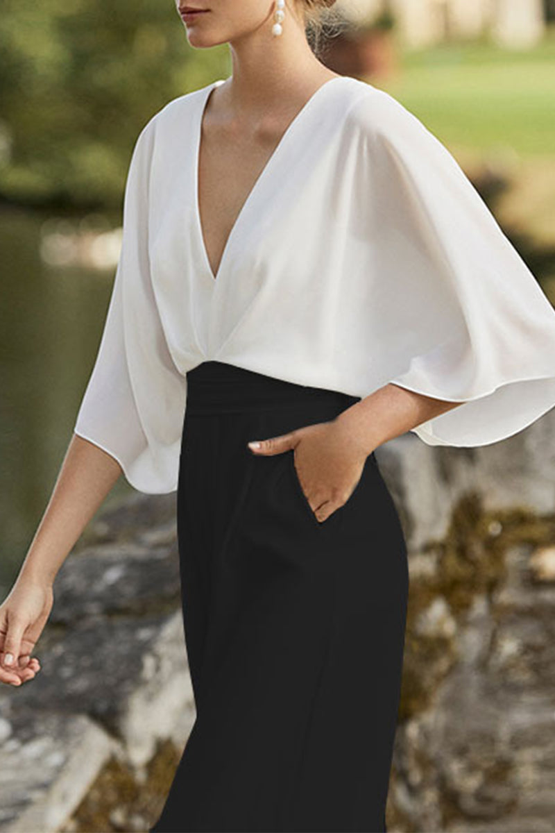 Valenzora | British style Elegant color block bag Contrast V-neck Loose jumpsuits