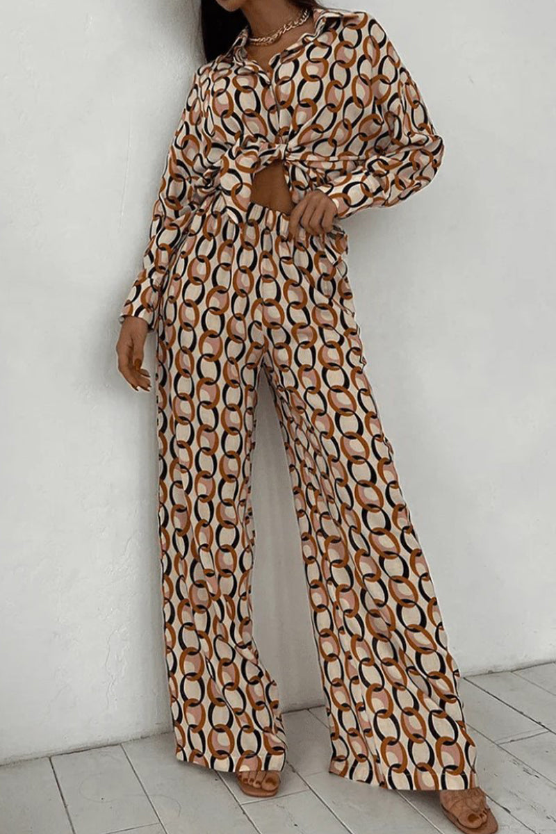 Valenzora | Casual geometric snap buttons, turn-down collar, long sleeves, two-piece set