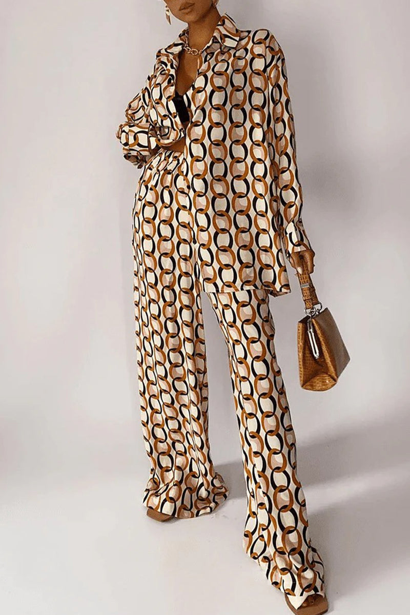 Valenzora | Casual geometric snap buttons, turn-down collar, long sleeves, two-piece set