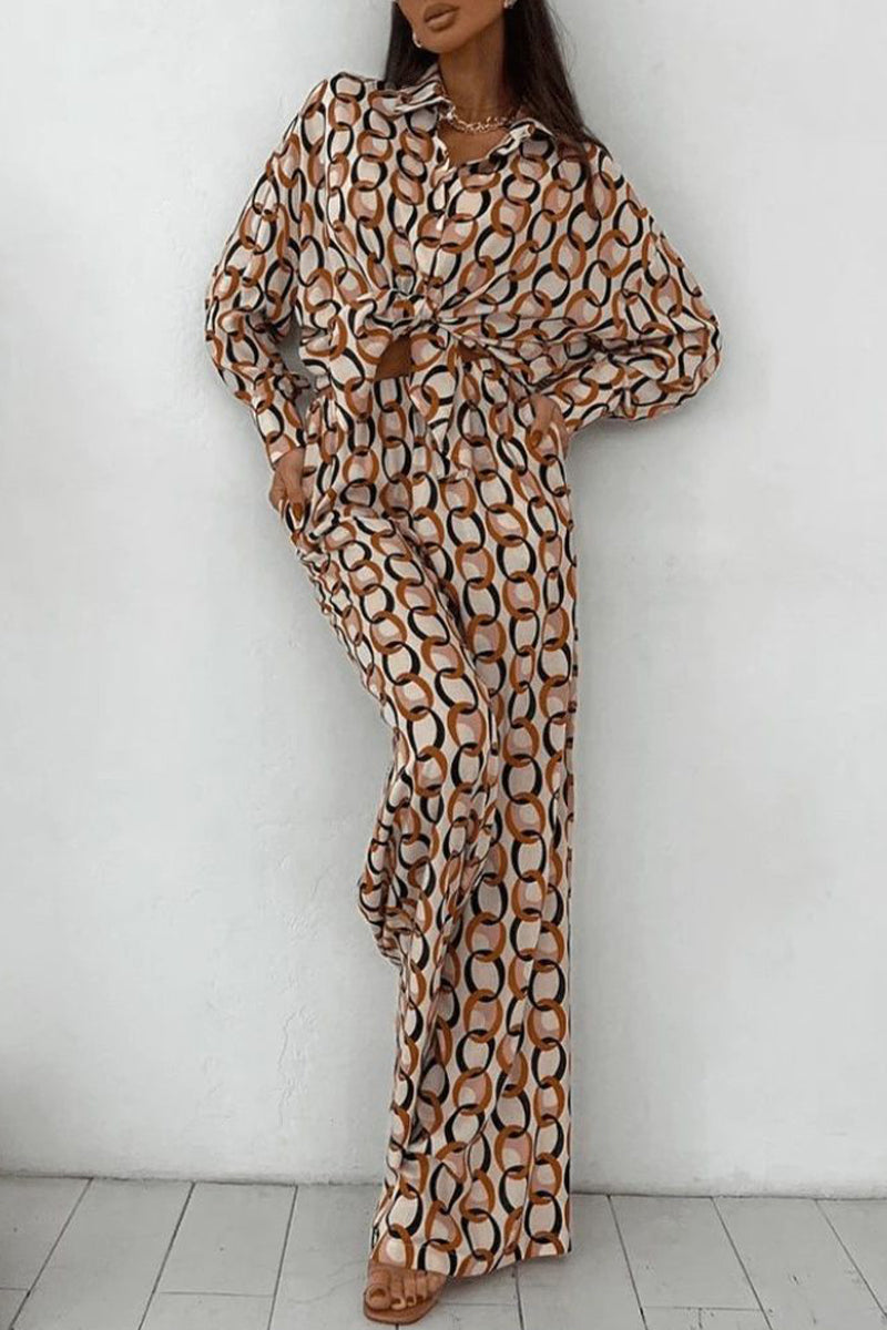Valenzora | Casual geometric snap buttons, turn-down collar, long sleeves, two-piece set