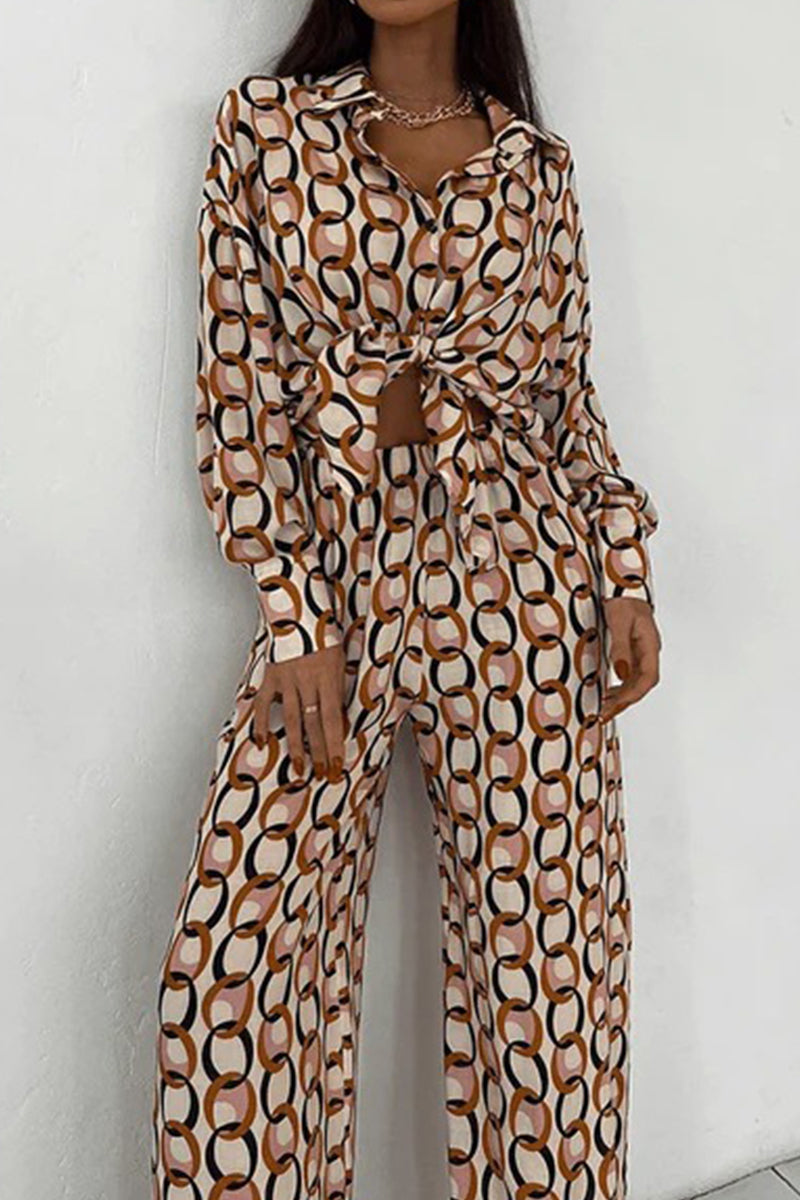 Valenzora | Casual geometric snap buttons, turn-down collar, long sleeves, two-piece set