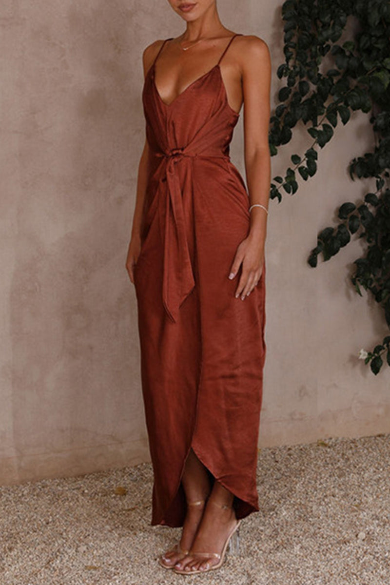 Valenzora | Sexy Solid Frenulum Pleated V-Neck Sling Dress - 4 Colors
