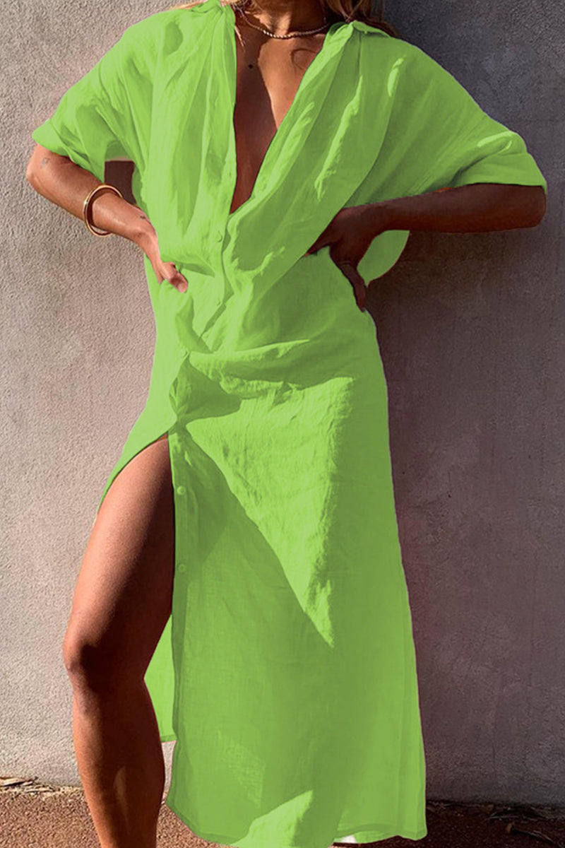 Valenzora | Casual Simplicity Solid Color Buttons Turn-Down Collar Shirt Dress Dresses