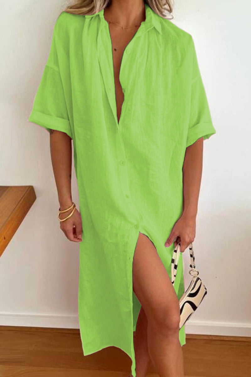 Valenzora | Casual Simplicity Solid Color Buttons Turn-Down Collar Shirt Dress Dresses