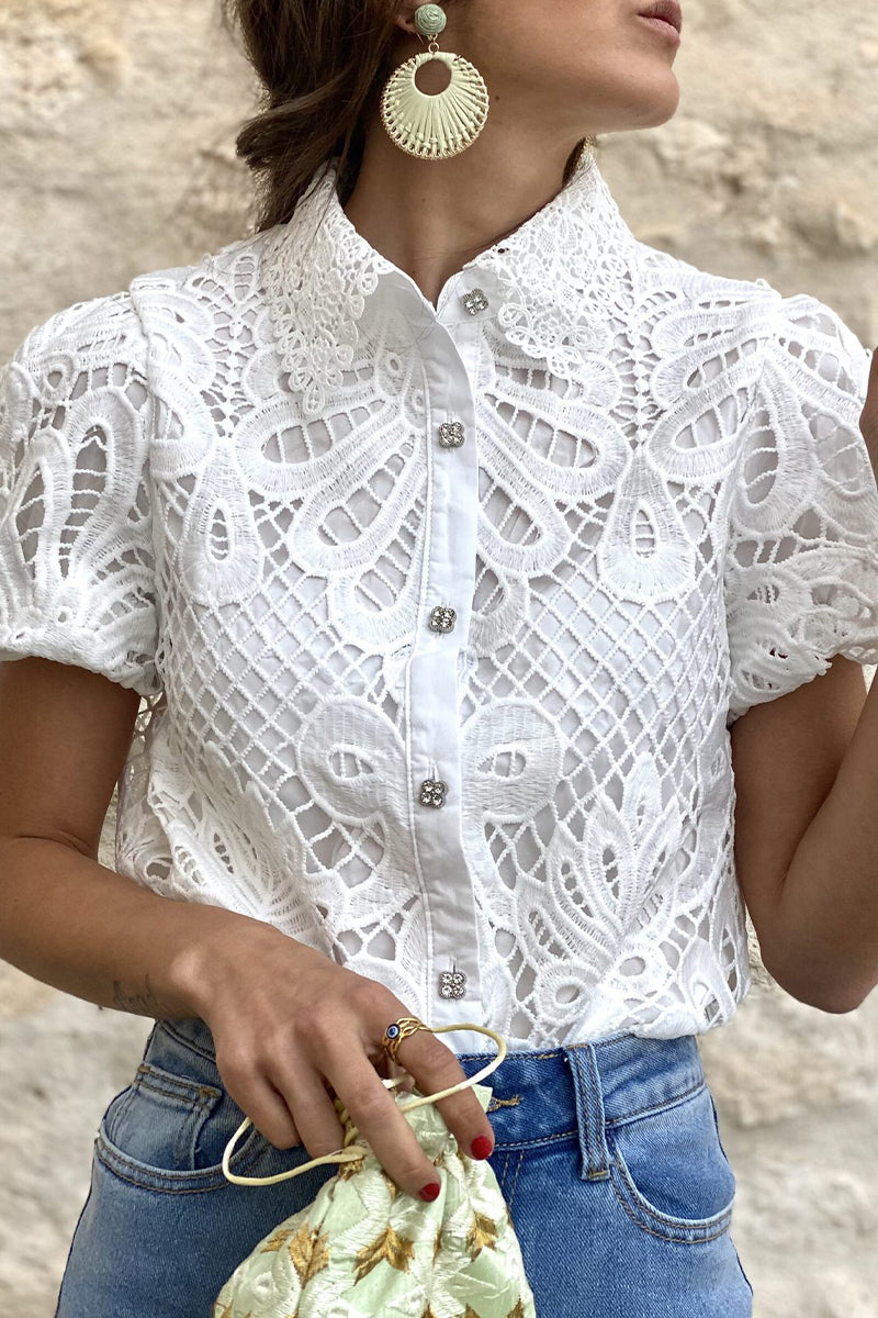 Valenzora | Casual Solid Color Lace Hollowed-Out Turn-Down Collar Tops