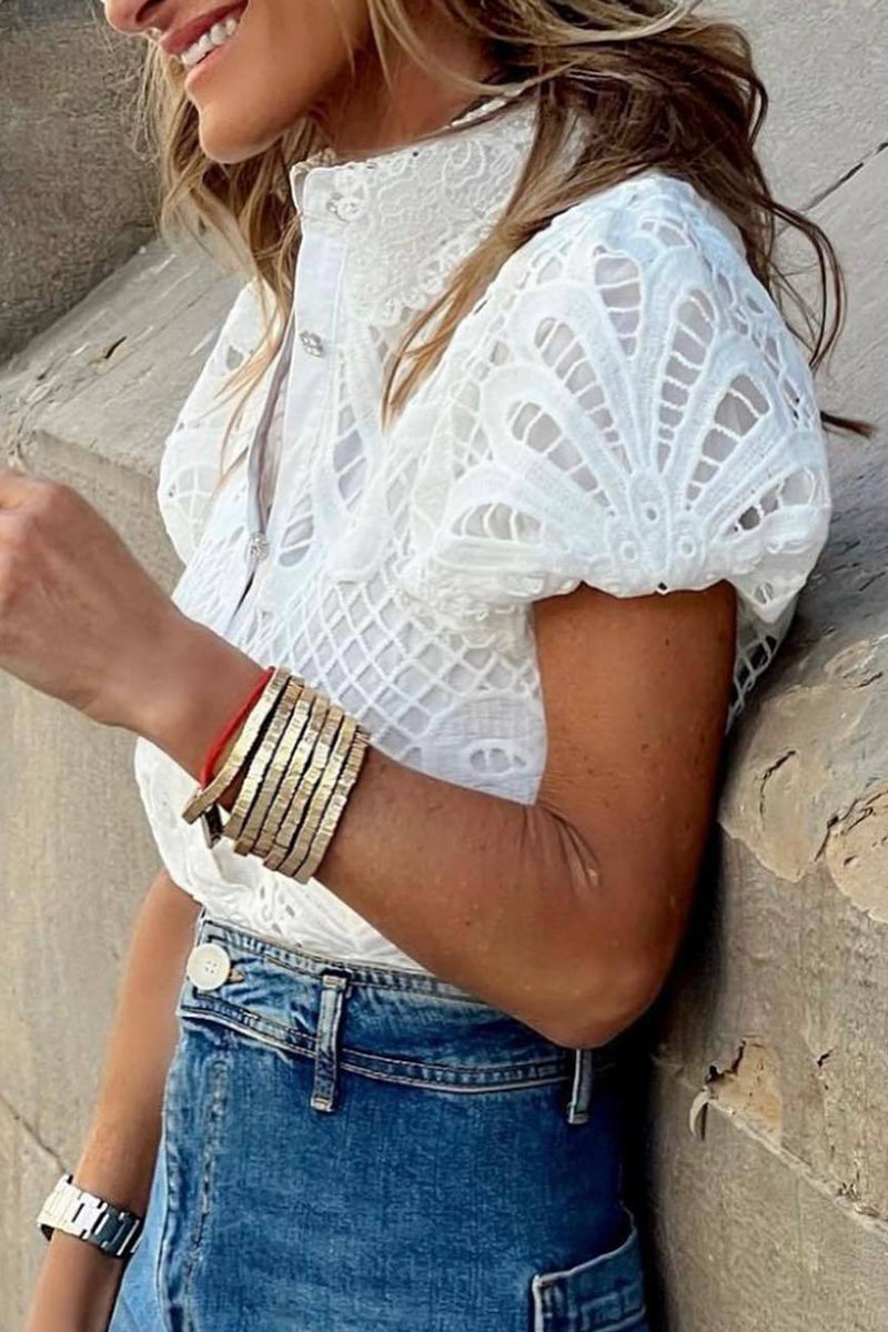 Valenzora | Casual Solid Color Lace Hollowed-Out Turn-Down Collar Tops
