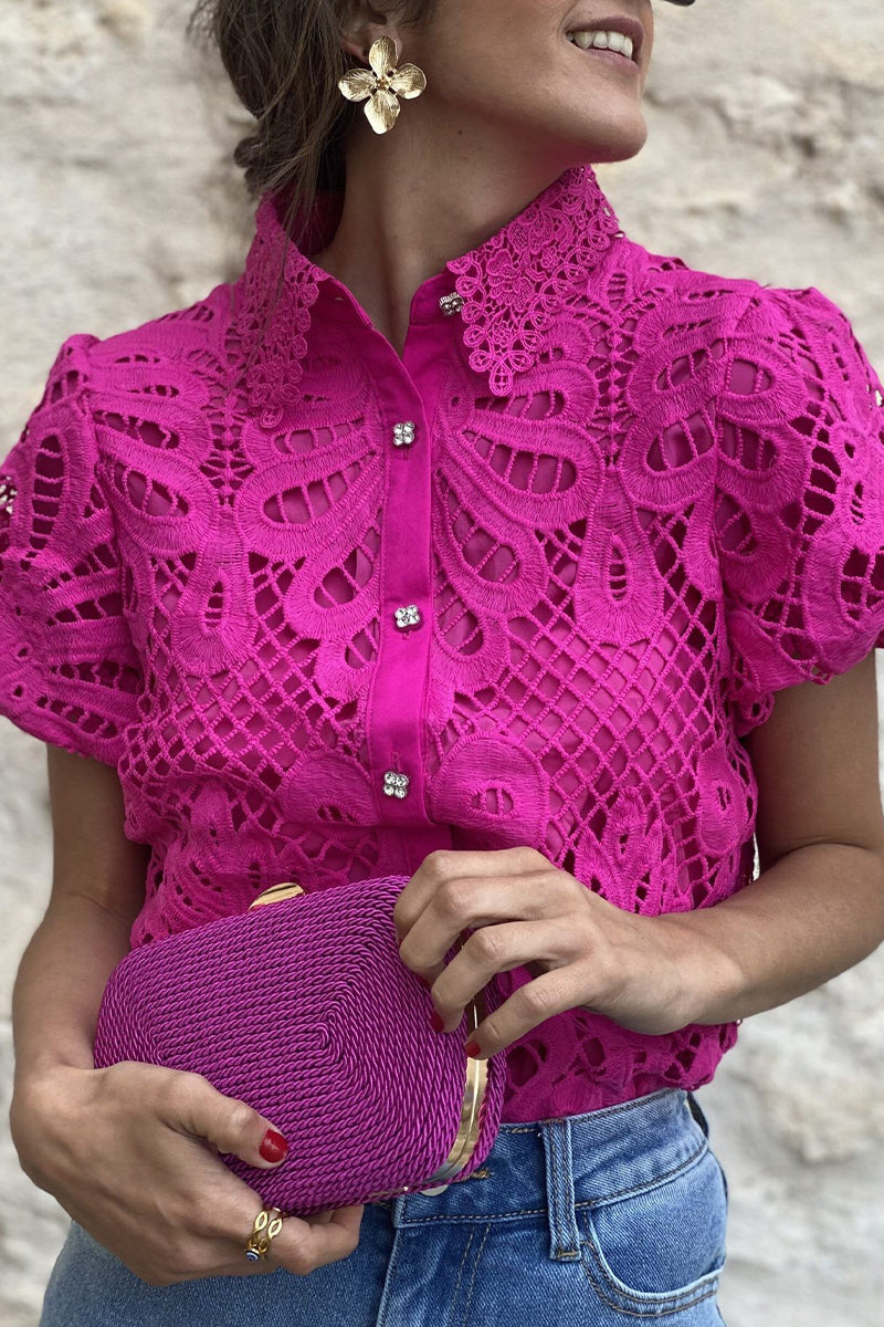 Valenzora | Casual Solid Color Lace Hollowed-Out Turn-Down Collar Tops