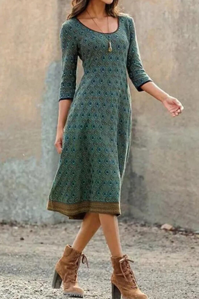 Valenzora | Casual Vintage Geometric Print O-Neck A-Line Dresses