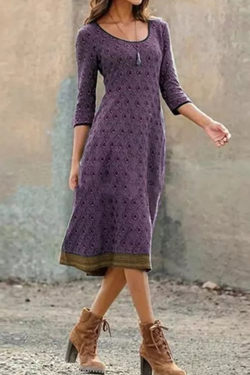 Valenzora | Casual Vintage Geometric Print O-Neck A-Line Dresses