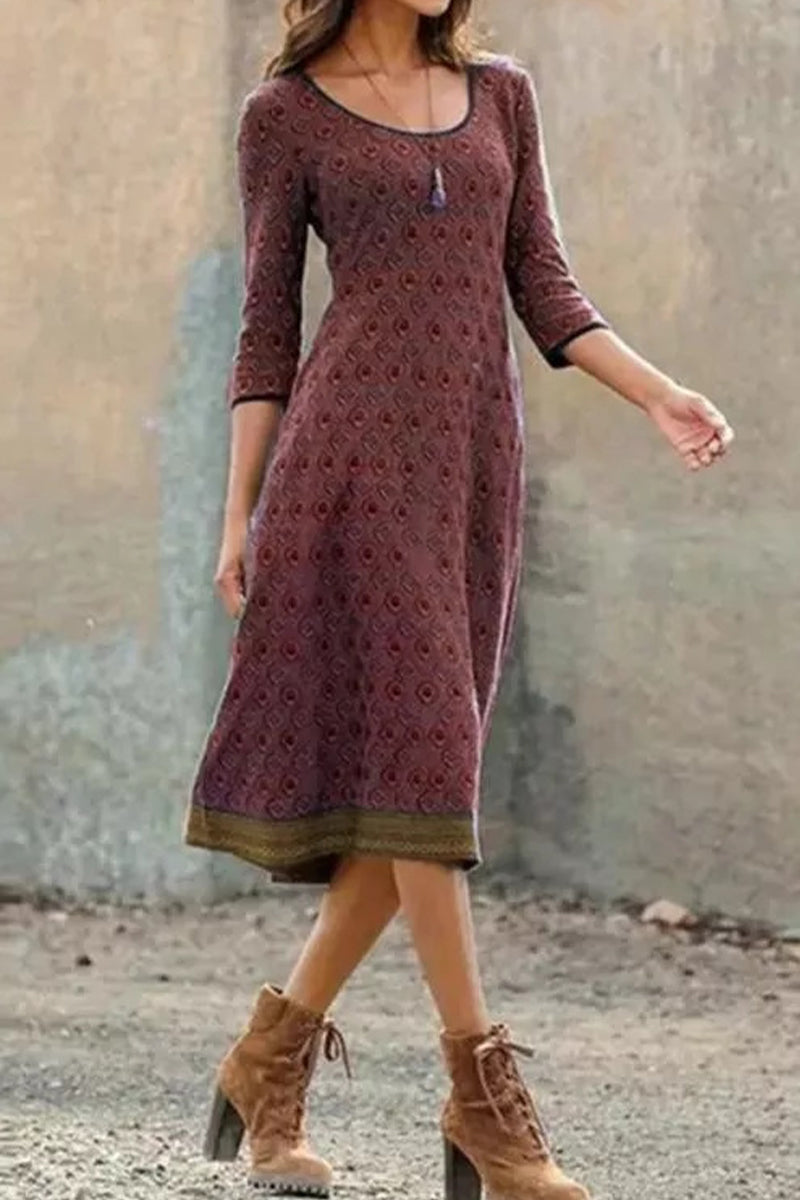Valenzora | Casual Vintage Geometric Print O-Neck A-Line Dresses