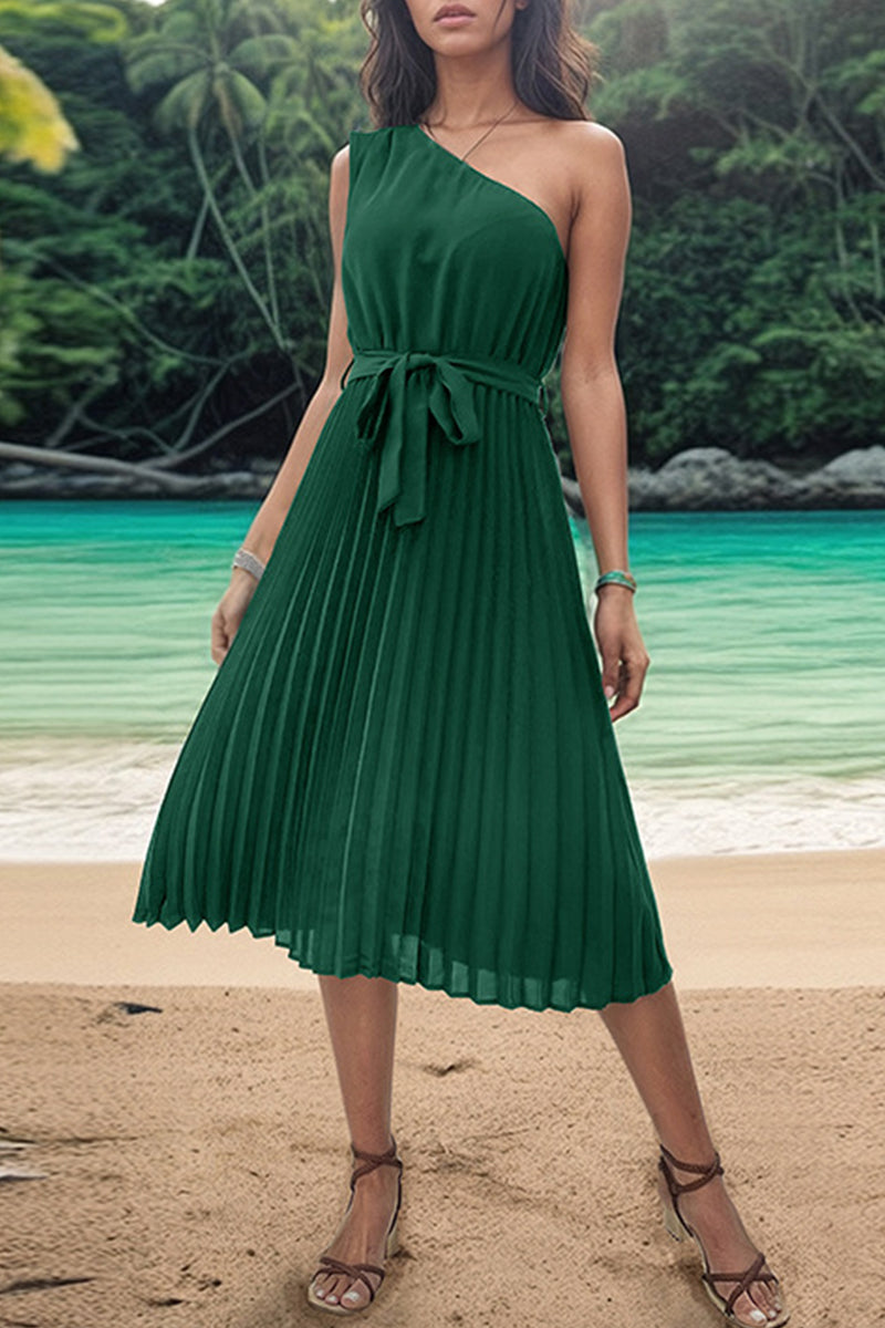 Valenzora | Sweet, Elegant, Solid, Frenulum, Pleated, Slanted Collar Dresses
