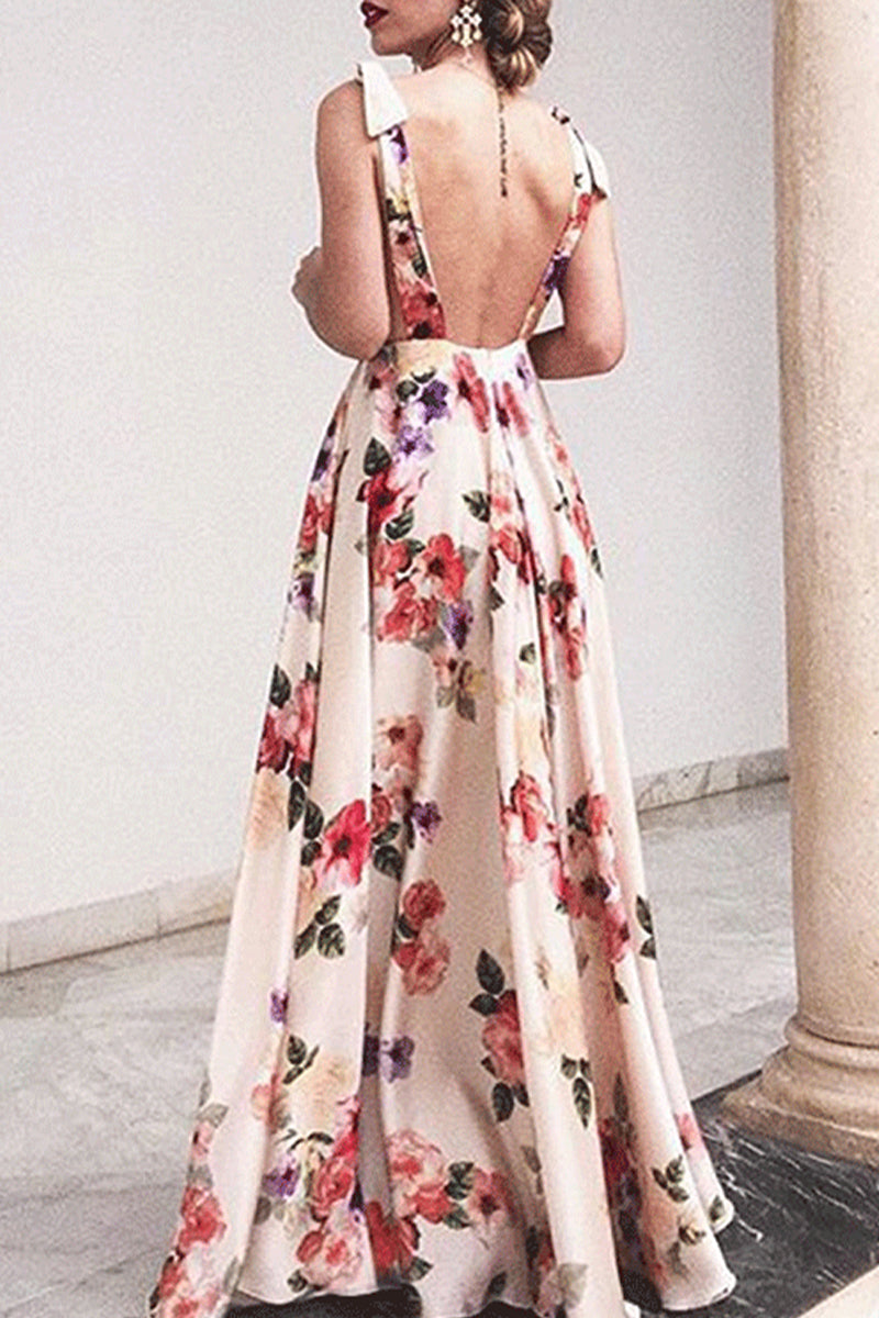 Valenzora | Elegantes, rückenfreies V-Ausschnitt-Kleid mit Blumenprint