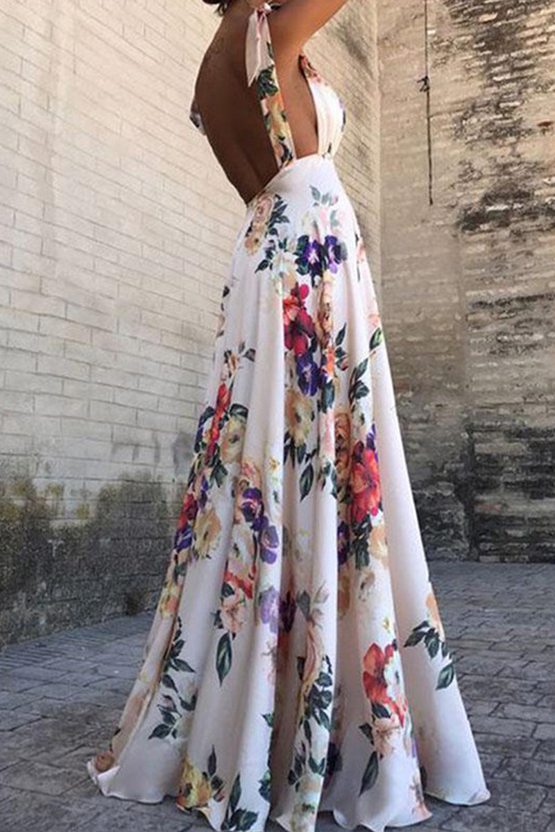 Valenzora | Elegantes, rückenfreies V-Ausschnitt-Kleid mit Blumenprint