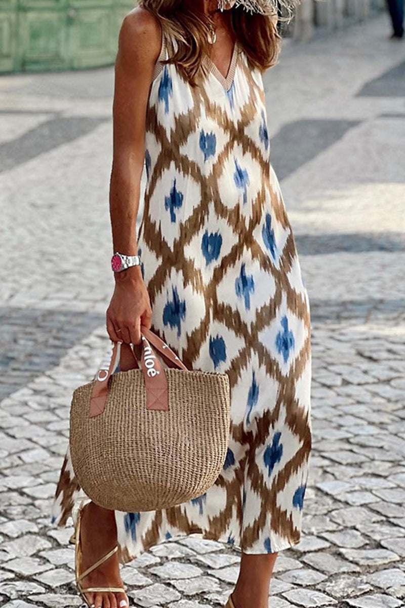 Valenzora | Leisure Geometric Print Patchwork V-Neck Slip Dresses