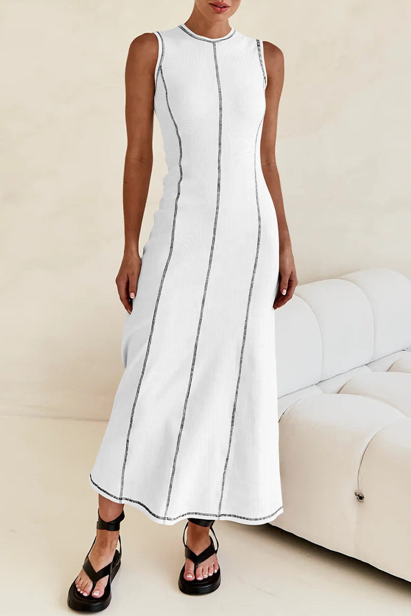 Valenzora | Casual striped contrast weave O-neck sleeveless dresses