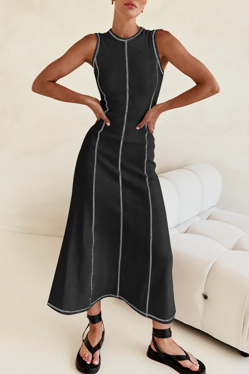 Valenzora | Casual striped contrast weave O-neck sleeveless dresses