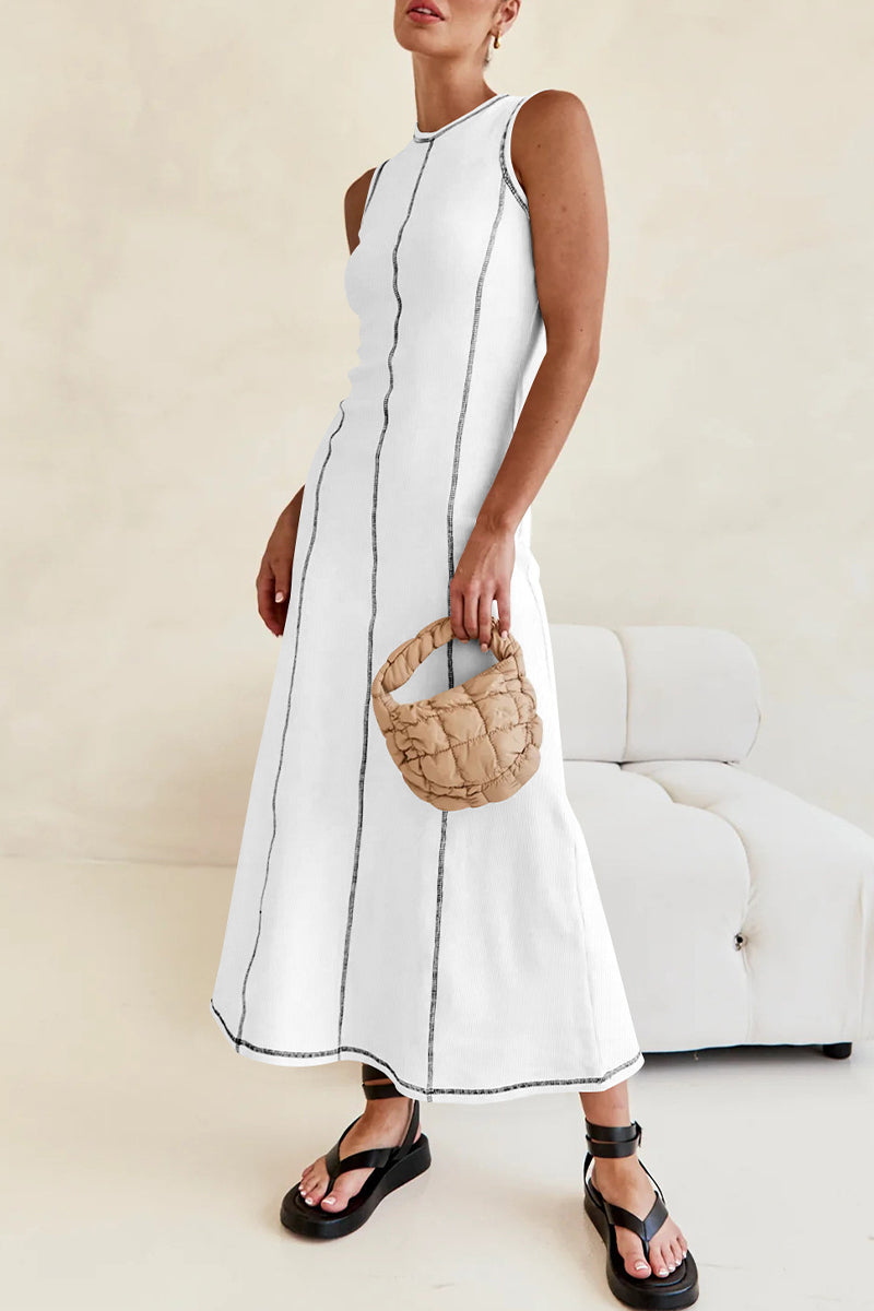 Valenzora | Casual striped contrast weave O-neck sleeveless dresses