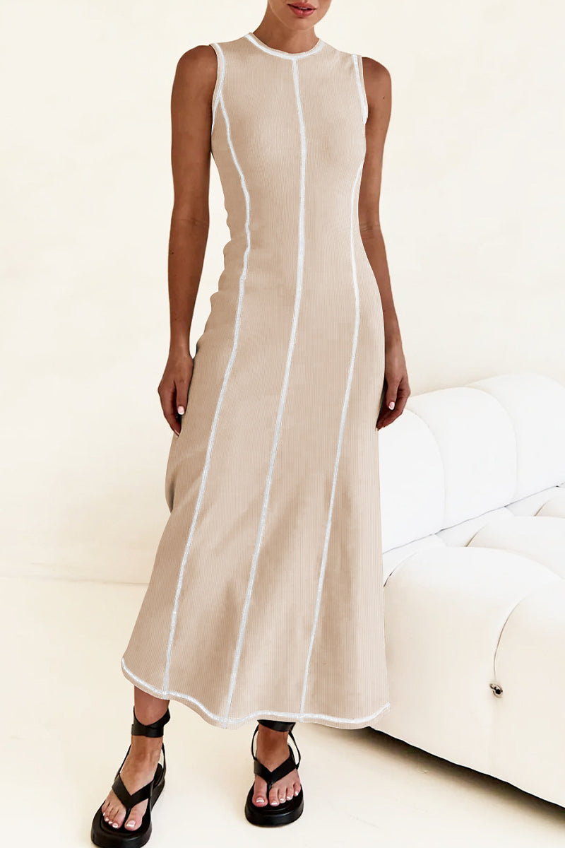 Valenzora | Casual striped contrast weave O-neck sleeveless dresses