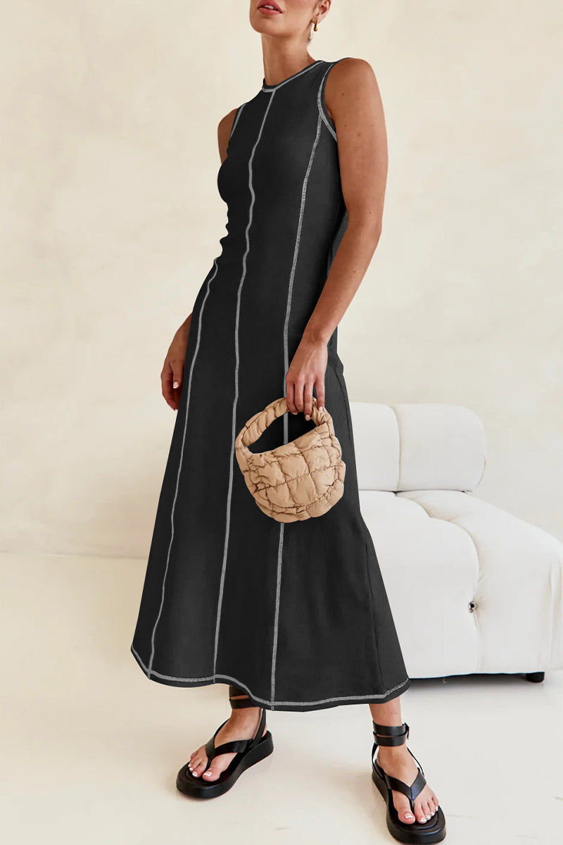Valenzora | Casual striped contrast weave O-neck sleeveless dresses