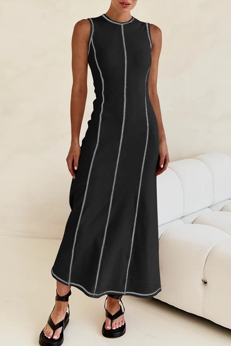 Valenzora | Casual striped contrast weave O-neck sleeveless dresses