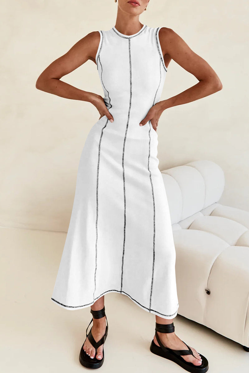 Valenzora | Casual striped contrast weave O-neck sleeveless dresses