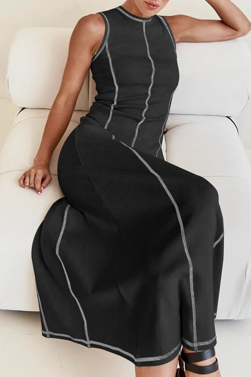 Valenzora | Casual striped contrast weave O-neck sleeveless dresses