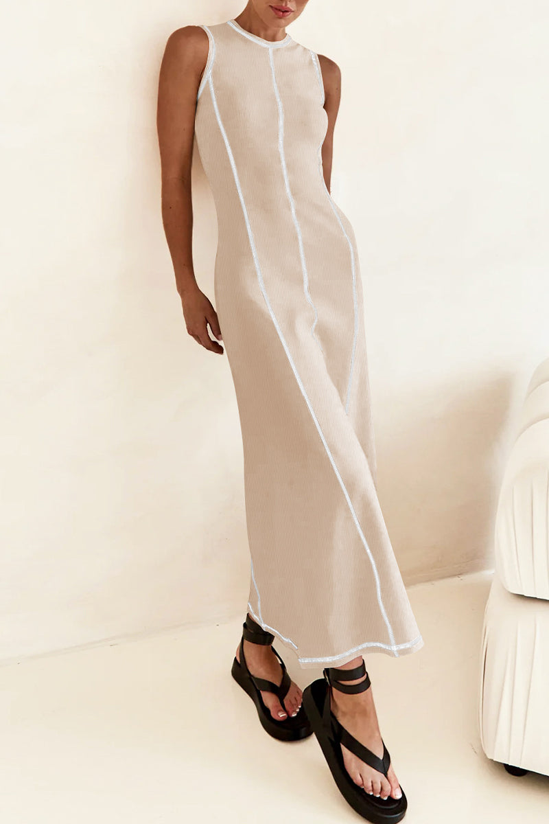 Valenzora | Casual striped contrast weave O-neck sleeveless dresses