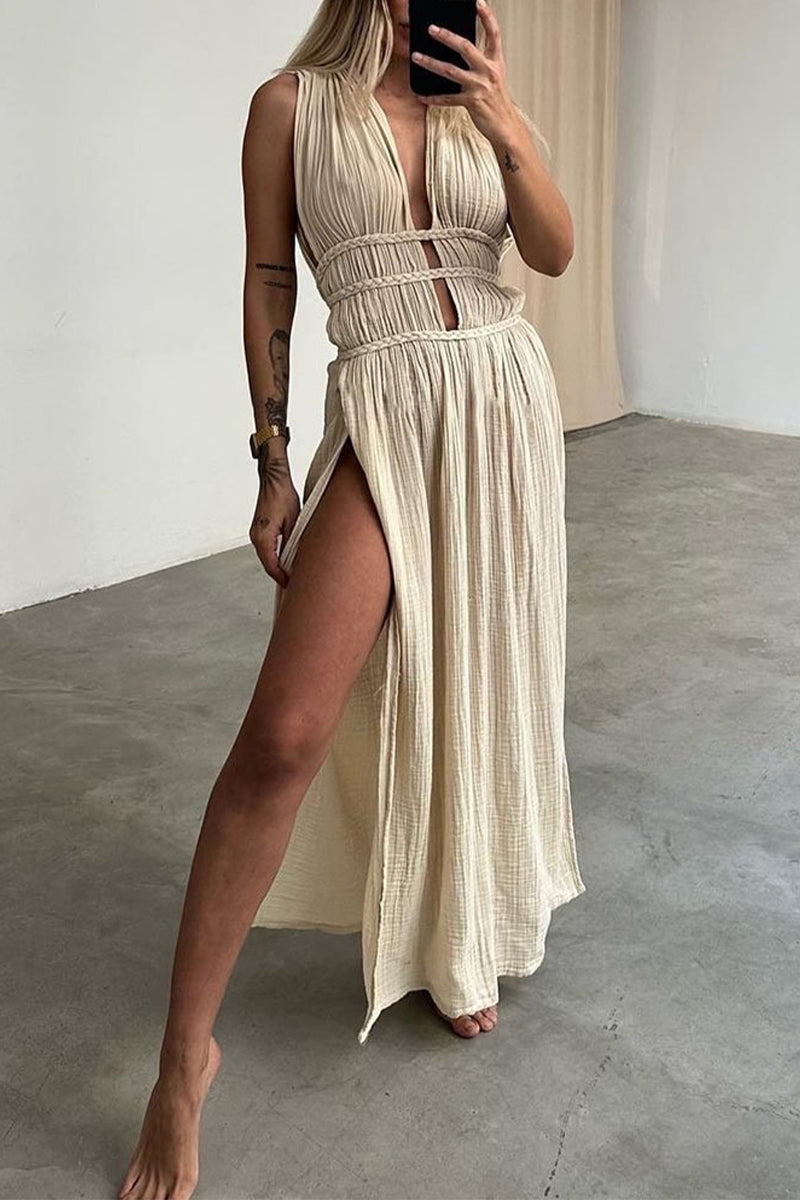 Valenzora | Sexy Bohemian Solid Color Slit V-Neck Beach Dresses