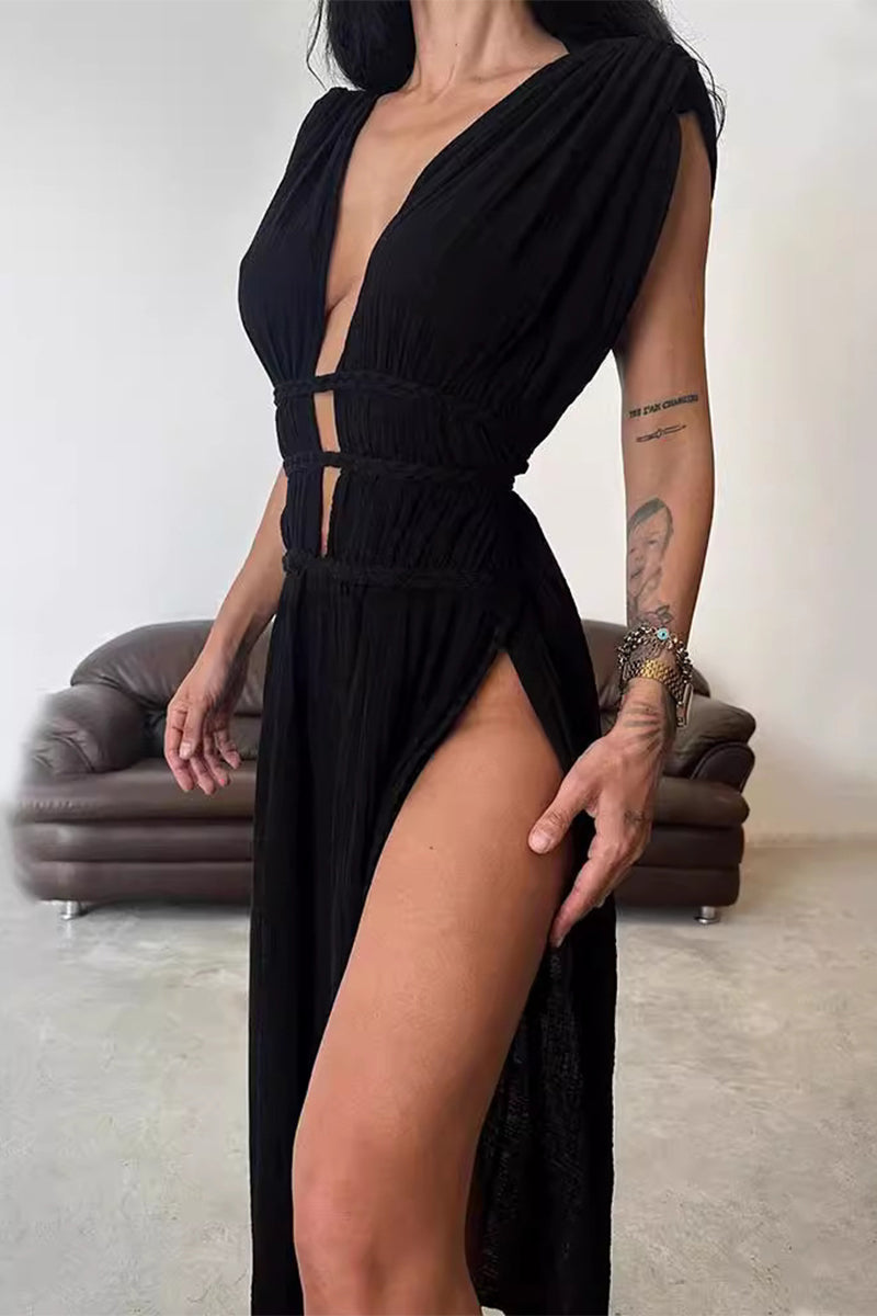 Valenzora | Sexy Bohemian Solid Color Slit V-Neck Beach Dresses
