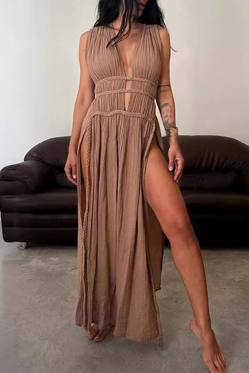 Valenzora | Sexy Bohemian Solid Color Slit V-Neck Beach Dresses