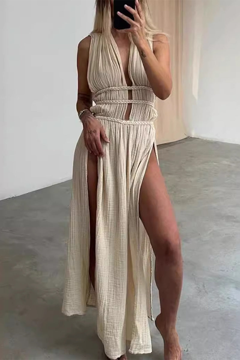 Valenzora | Sexy Bohemian Solid Color Slit V-Neck Beach Dresses