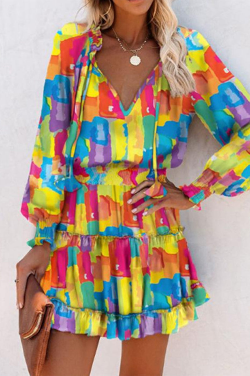Valenzora | Vintage Geometric Print Frenulum Ruffle Pleated V-Neck Waist Skirt Dresses