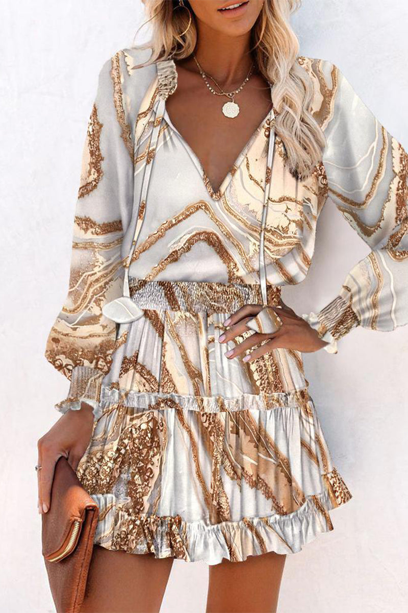 Valenzora | Vintage Geometric Print Frenulum Ruffle Pleated V-Neck Waist Skirt Dresses