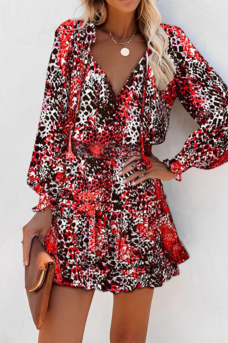 Valenzora | Vintage Geometric Print Frenulum Ruffle Pleated V-Neck Waist Skirt Dresses