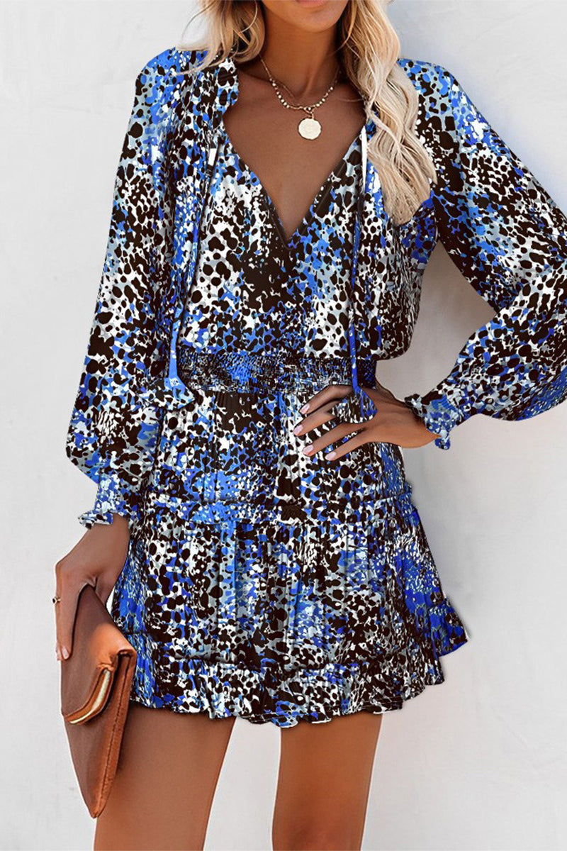 Valenzora | Vintage Geometric Print Frenulum Ruffle Pleated V-Neck Waist Skirt Dresses