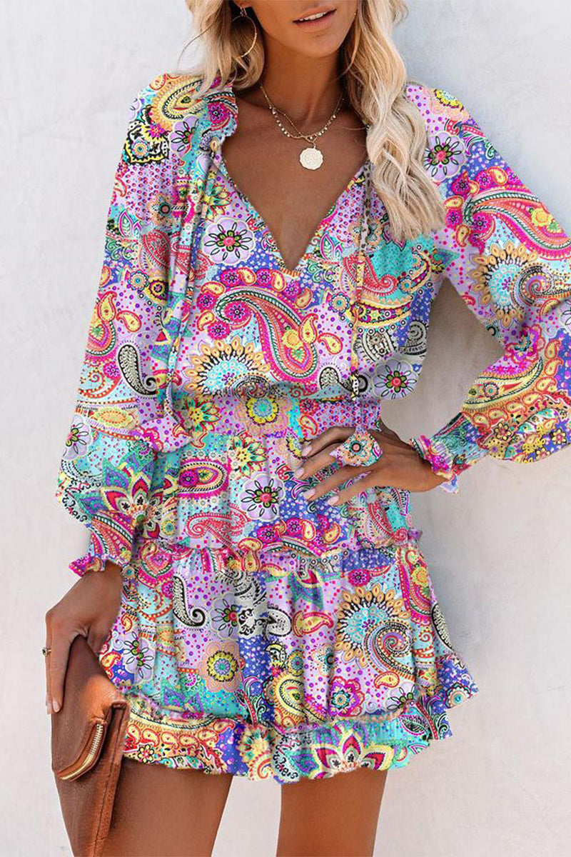 Valenzora | Vintage Geometric Print Frenulum Ruffle Pleated V-Neck Waist Skirt Dresses