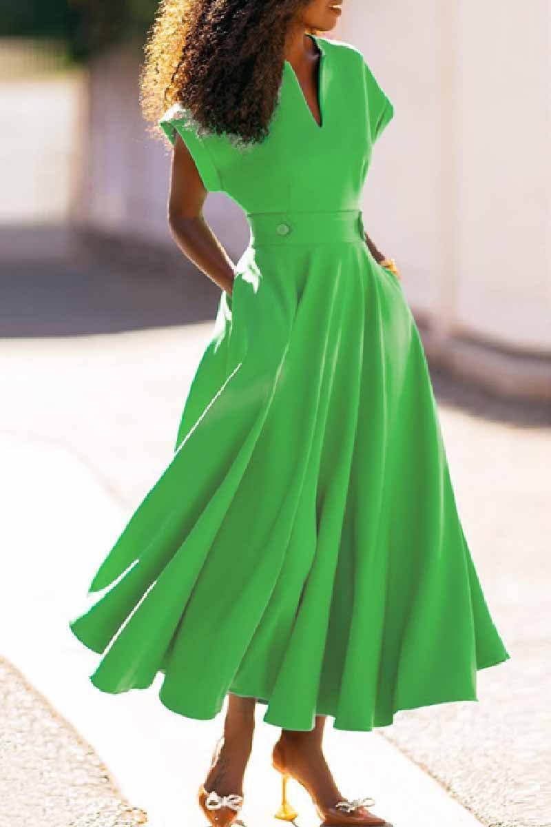 Valenzora | Casual solid color patchwork V-neck short-sleeved dresses