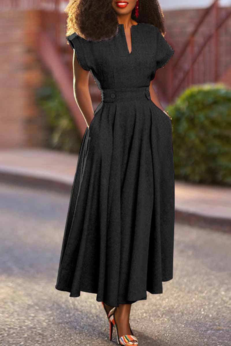 Valenzora | Casual solid color patchwork V-neck short-sleeved dresses