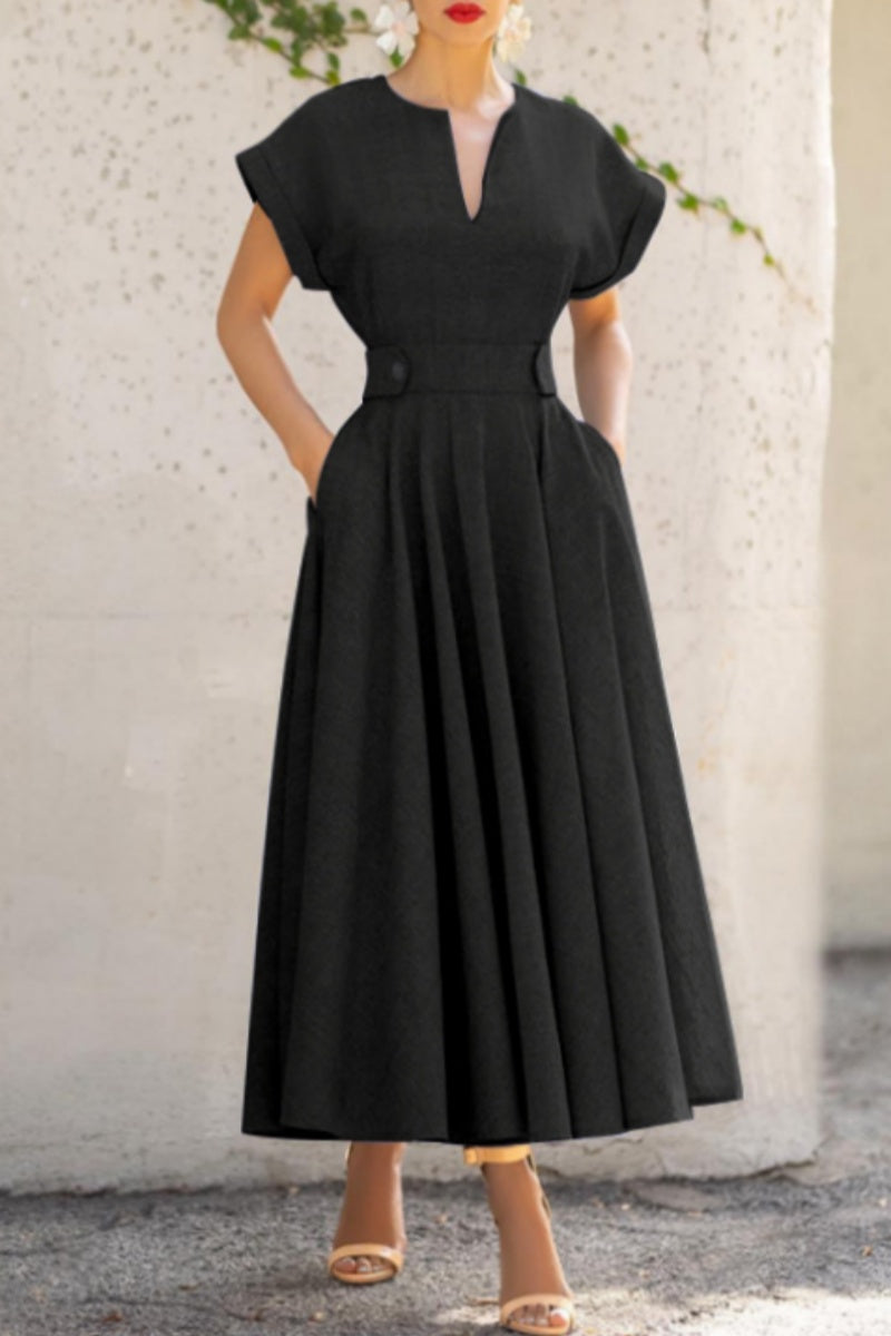 Valenzora | Casual solid color patchwork V-neck short-sleeved dresses