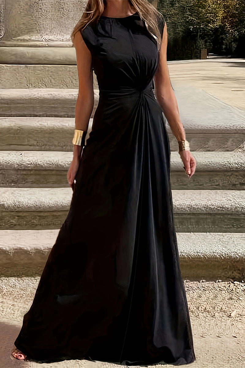 Valenzora | Elegant simplicity solid color pleated O-neck vest dress