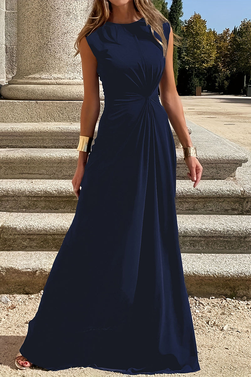 Valenzora | Elegant simplicity solid color pleated O-neck vest dress