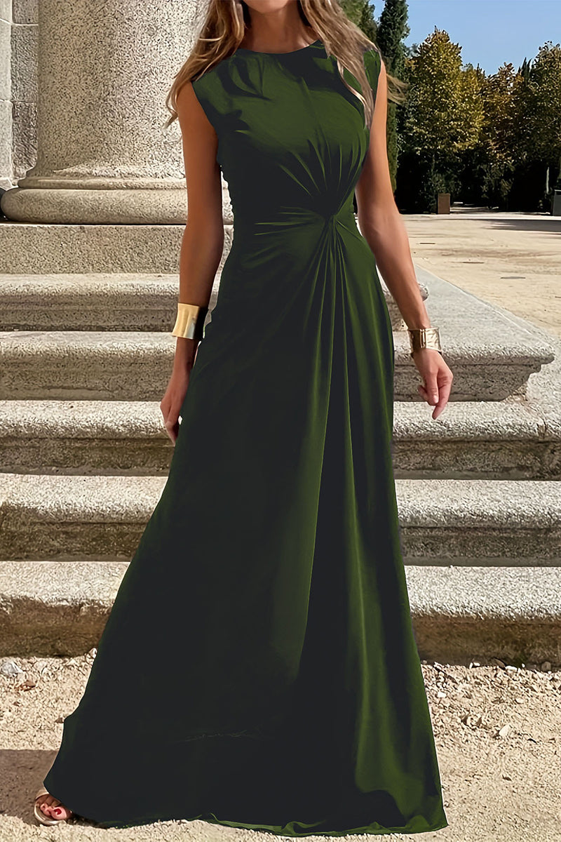 Valenzora | Elegant simplicity solid color pleated O-neck vest dress