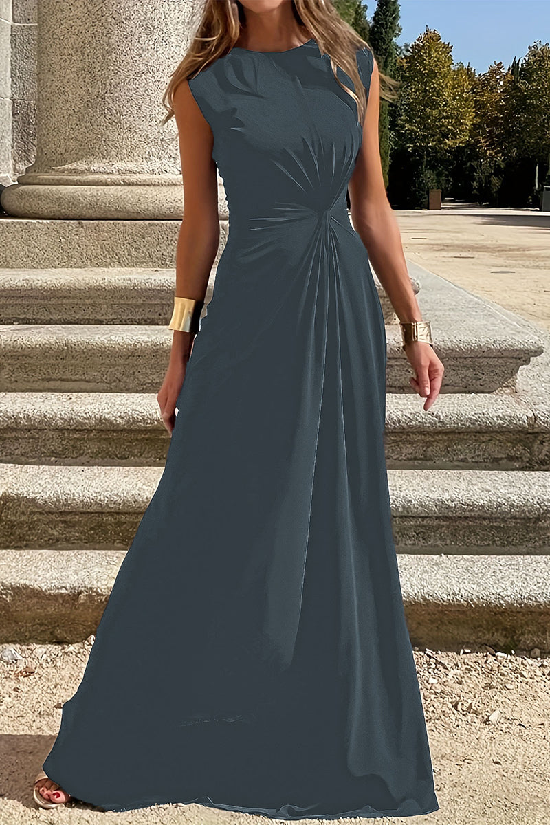 Valenzora | Elegant simplicity solid color pleated O-neck vest dress
