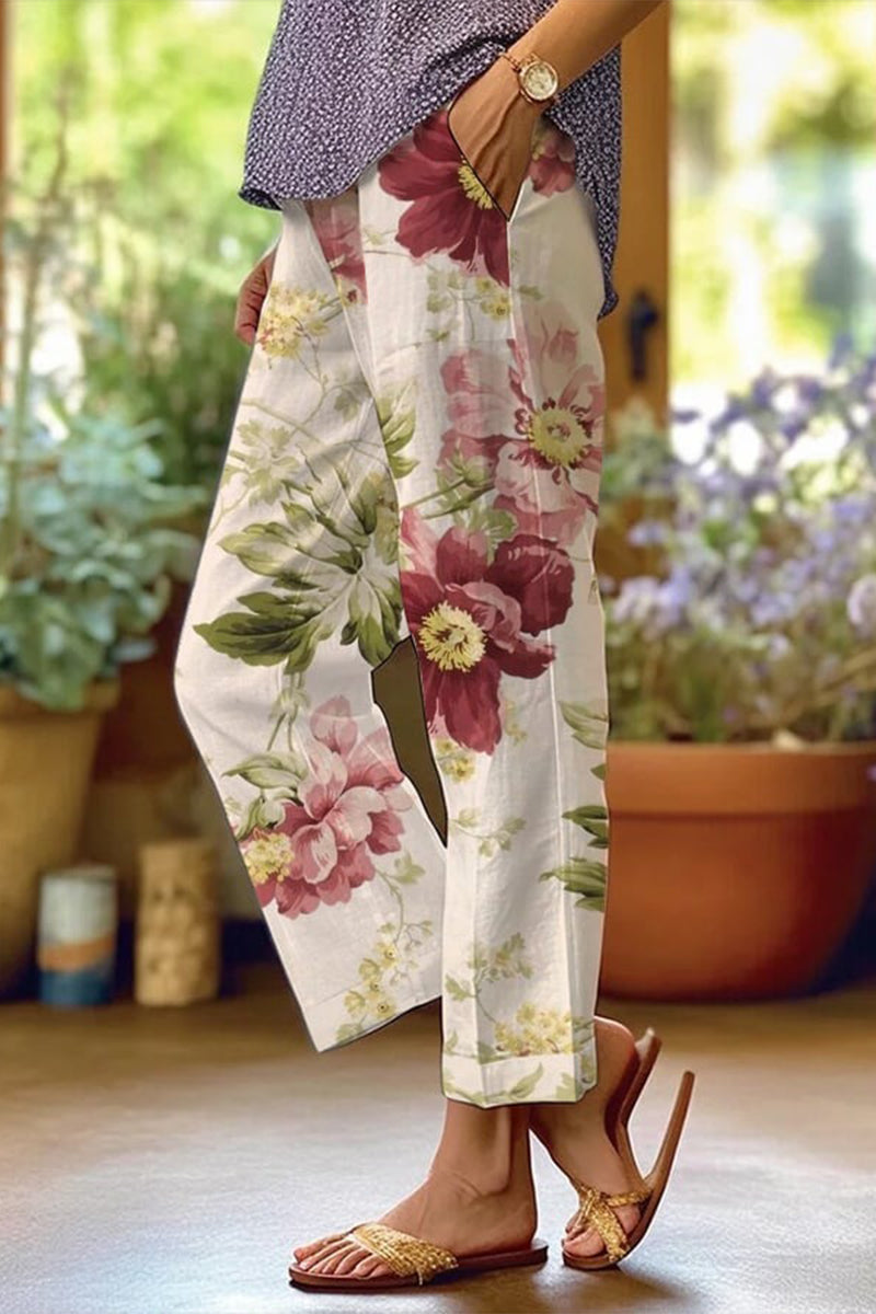 Valenzora | Casual floral patchwork loose mid-waist straight full-print trousers