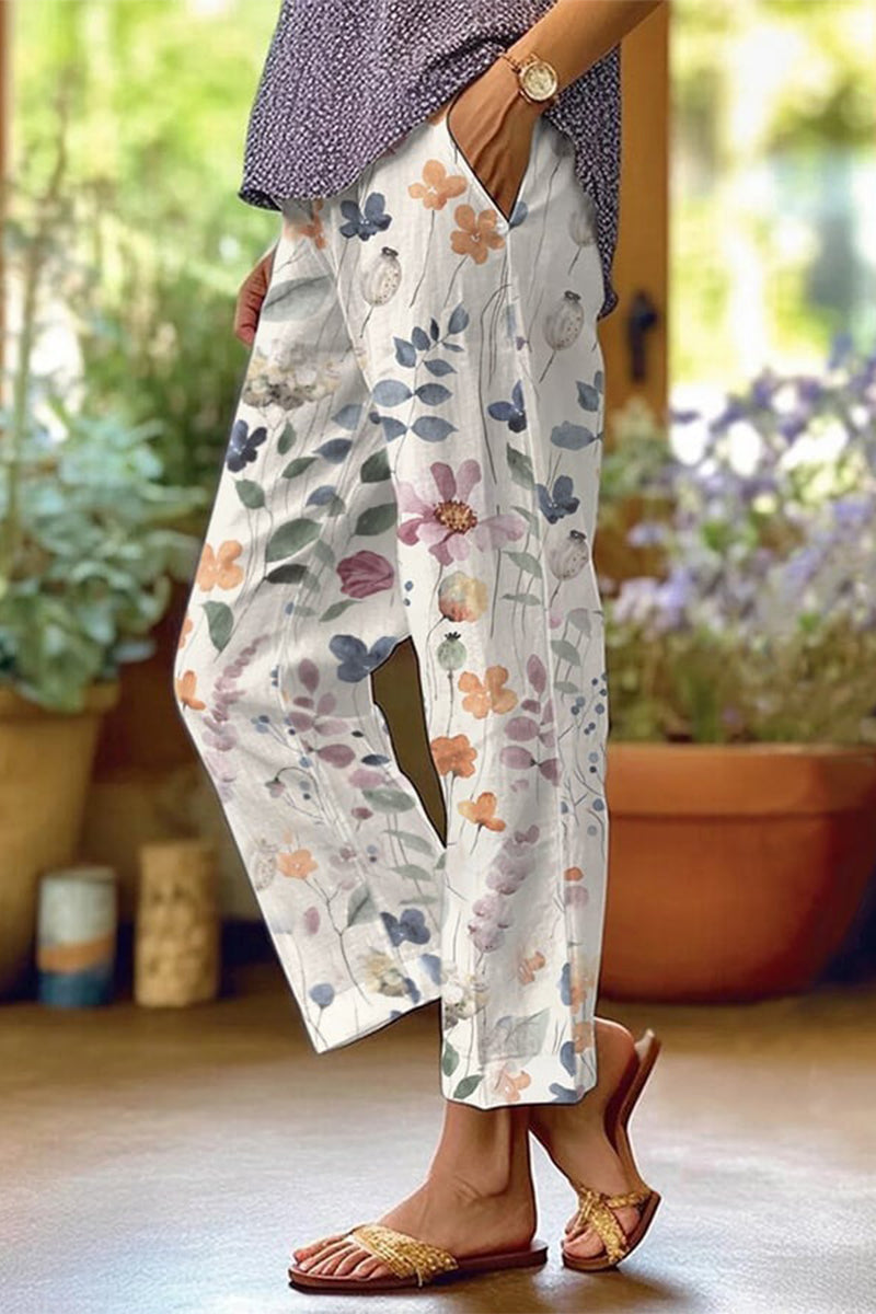 Valenzora | Casual floral patchwork loose mid-waist straight full-print trousers