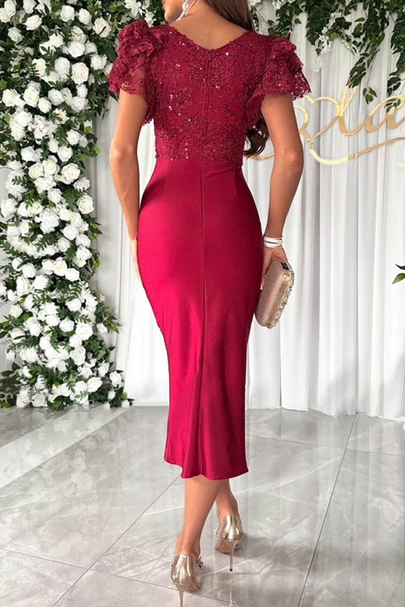 Valenzora | Celebrity Elegant Solid Color Sequin Fold V-Neck Wrap Skirt Dresses