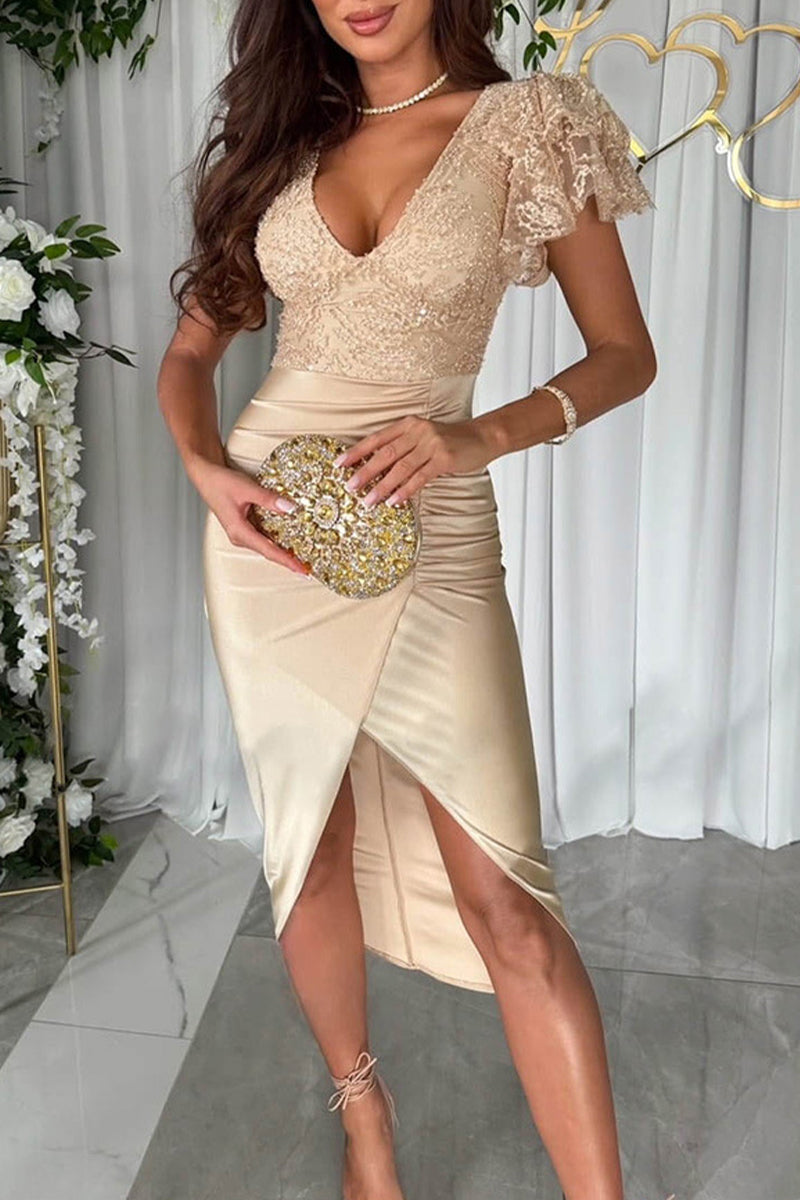 Valenzora | Celebrity Elegant Solid Color Sequin Fold V-Neck Wrap Skirt Dresses