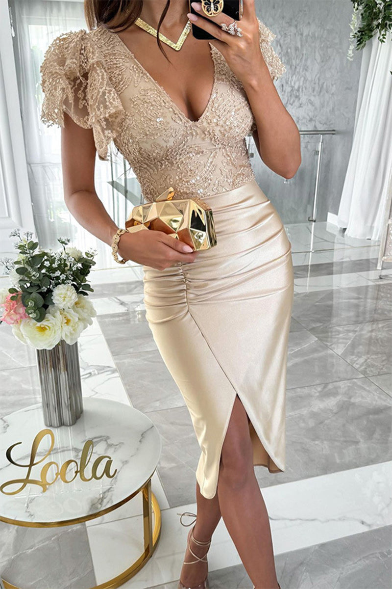 Valenzora | Celebrity Elegant Solid Color Sequin Fold V-Neck Wrap Skirt Dresses