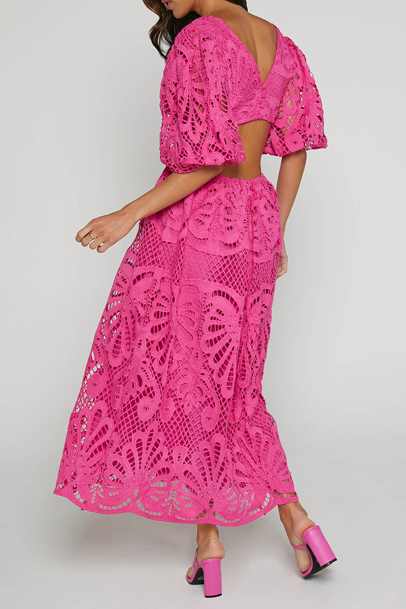 Valenzora | Sexy Solid Color Lace Embroidered Hollow Out V-Neck A-Line Dresses - 4 Colors