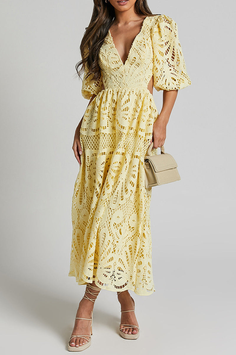 Valenzora | Sexy Solid Color Lace Embroidered Hollow Out V-Neck A-Line Dresses - 4 Colors